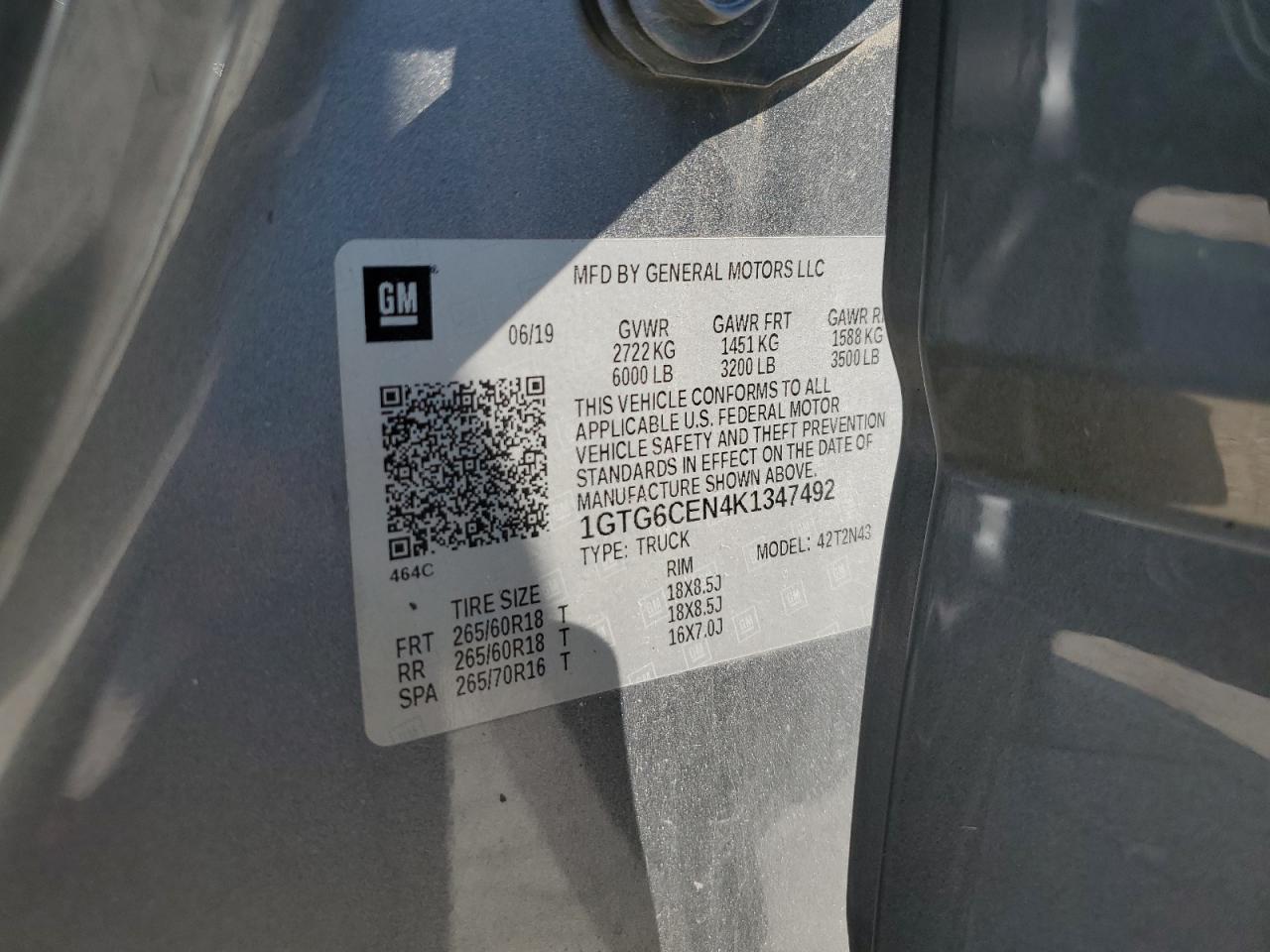 2019 GMC Canyon Sle VIN: 1GTG6CEN4K1347492 Lot: 59382705