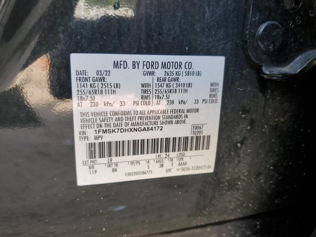 2022 Ford Explorer Xlt VIN: 1FMSK7DHXNGA84172 Lot: 61748025