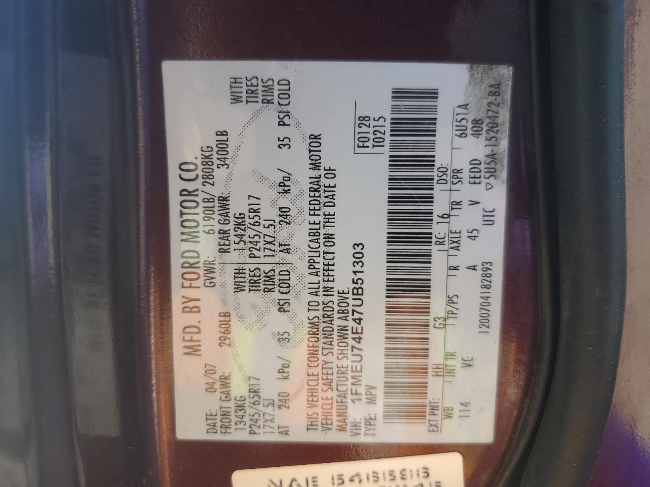 2007 Ford Explorer Eddie Bauer VIN: 1FMEU74E47UB51303 Lot: 61835765
