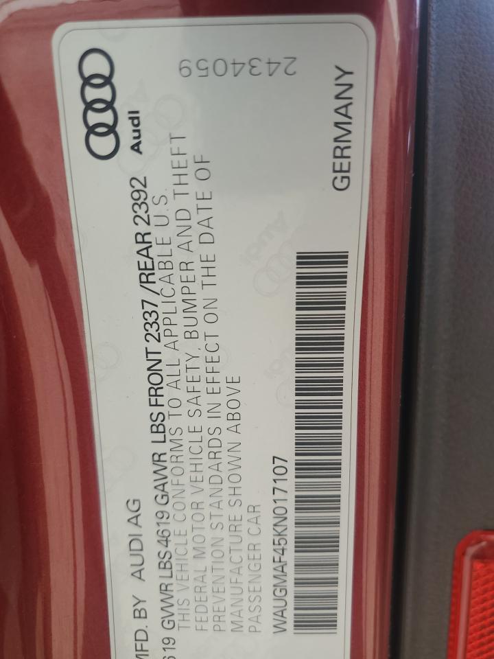 2019 Audi A4 Premium VIN: WAUGMAF45KN017107 Lot: 61479495