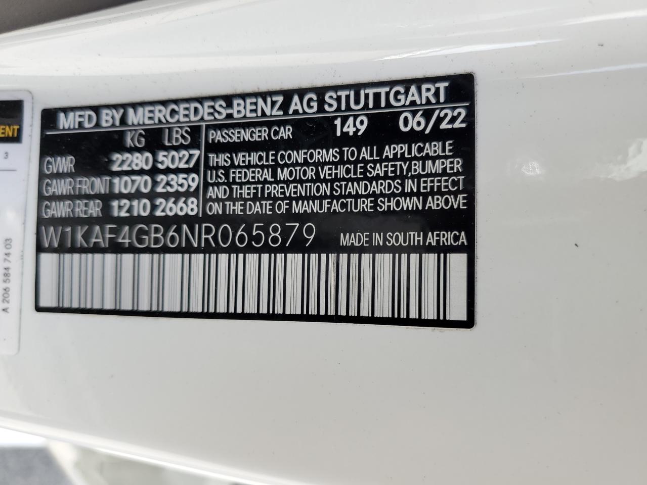 2022 Mercedes-Benz C 300 VIN: W1KAF4GB6NR065879 Lot: 61073865