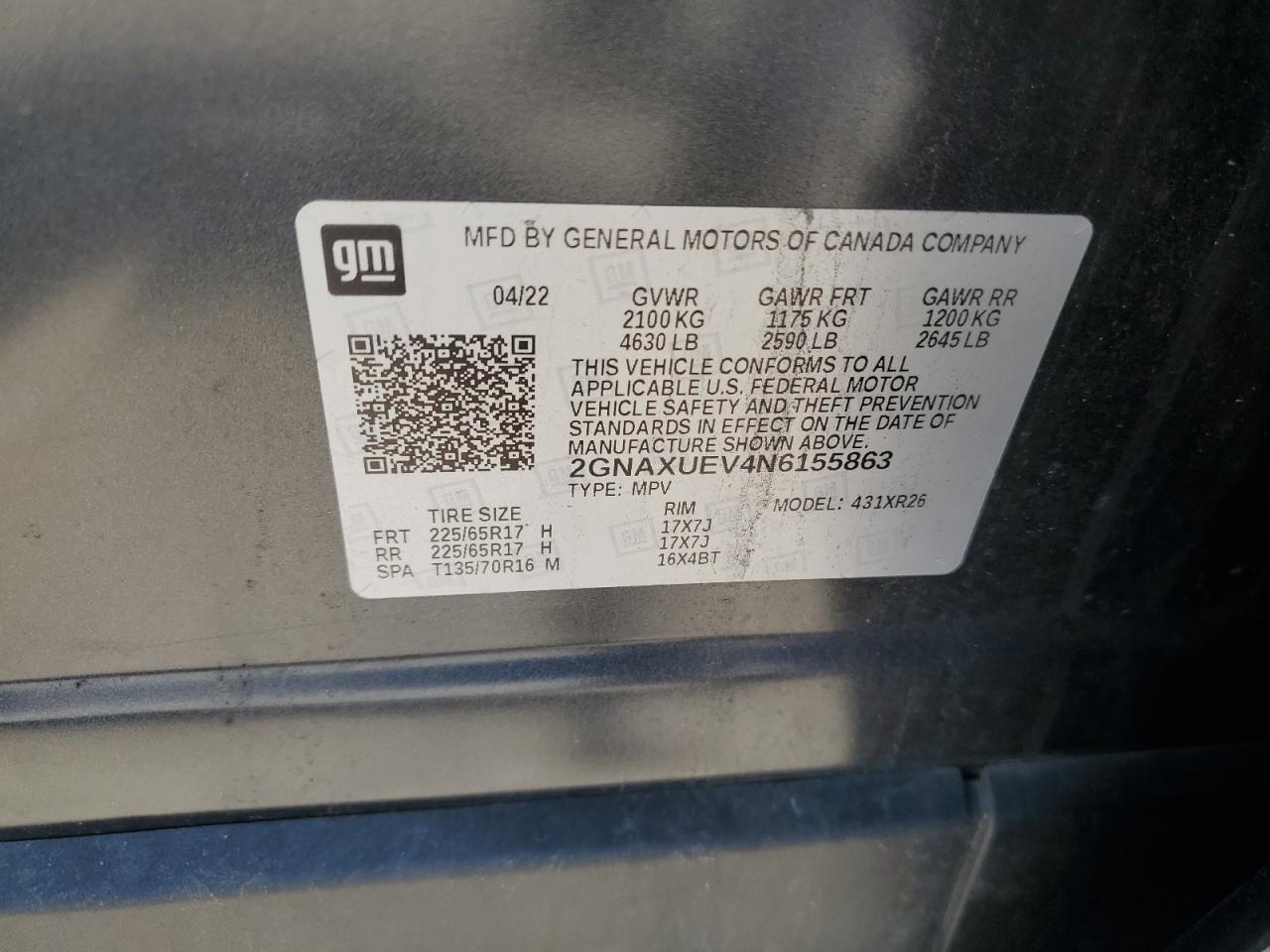2022 Chevrolet Equinox Lt VIN: 2GNAXUEV4N6155863 Lot: 61507185