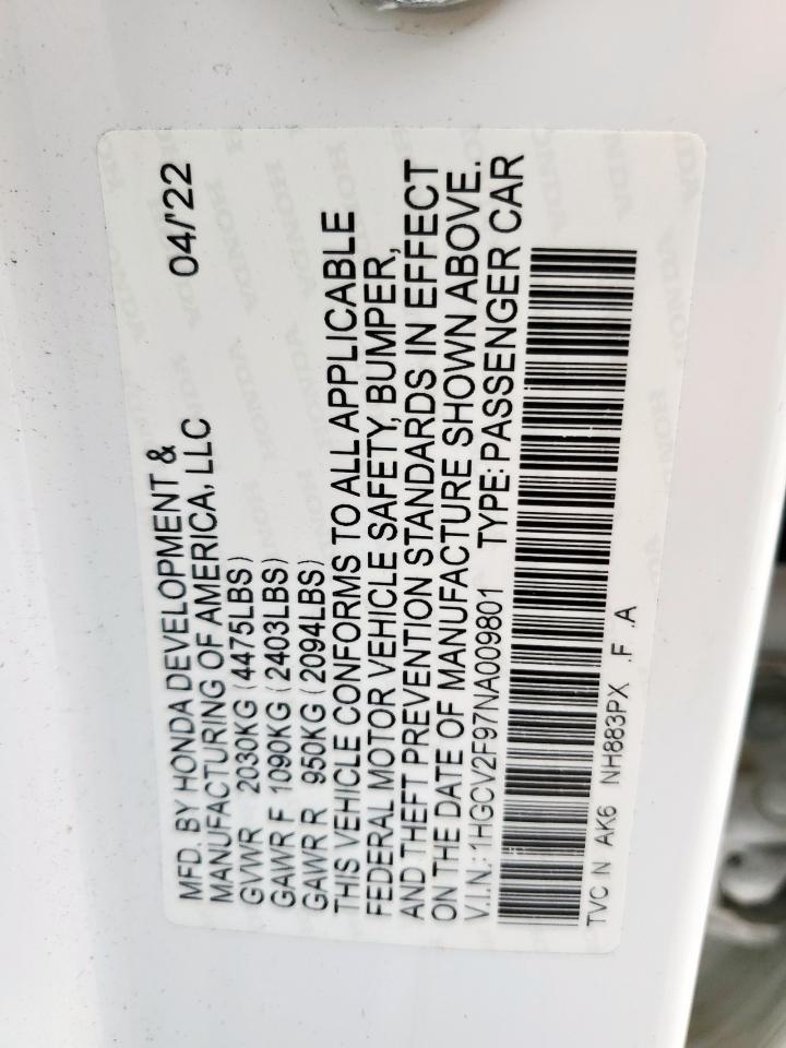 2022 Honda Accord Touring VIN: 1HGCV2F97NA009801 Lot: 61855215