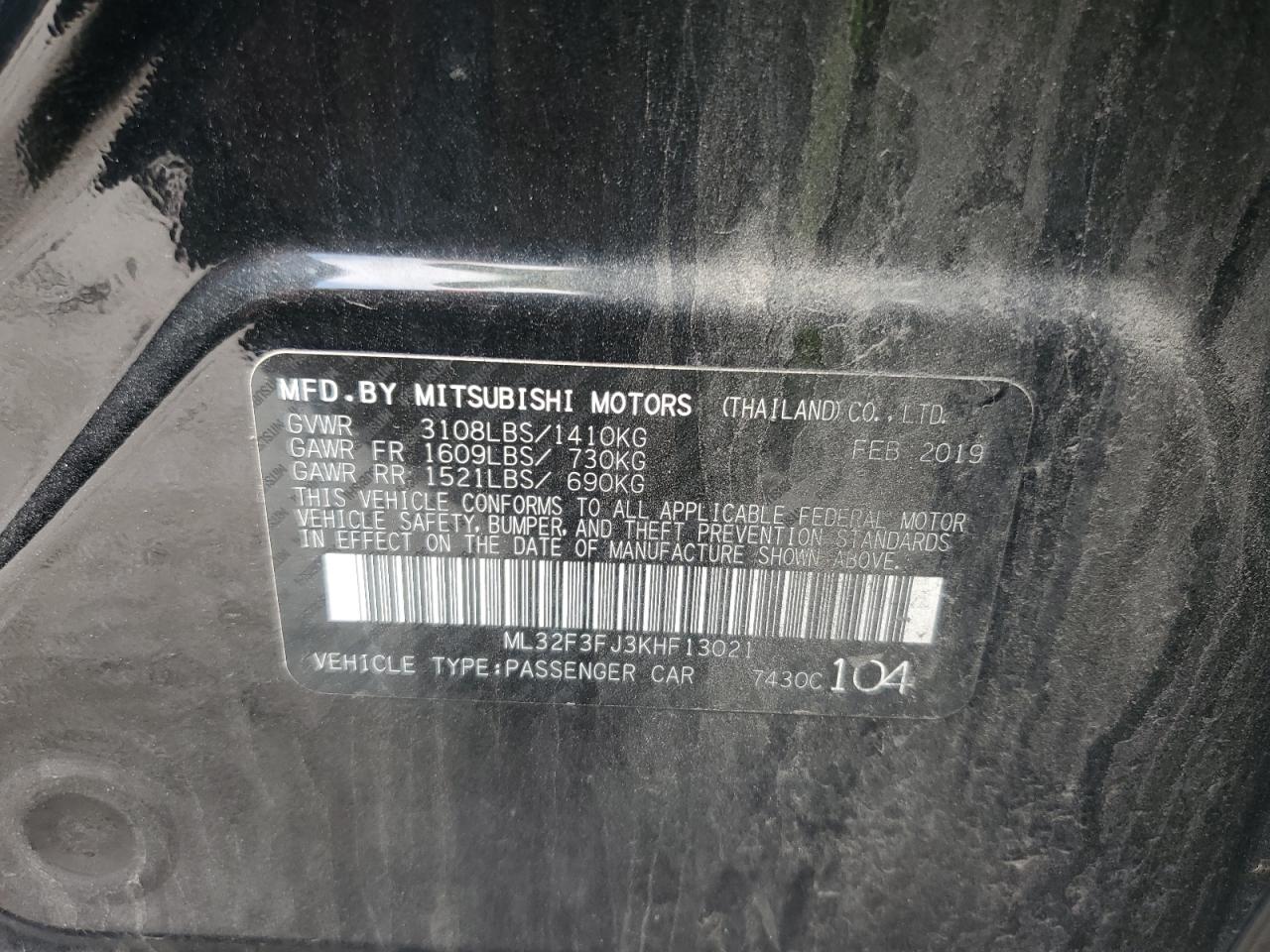 2019 Mitsubishi Mirage G4 Es VIN: ML32F3FJ3KHF13021 Lot: 62065835