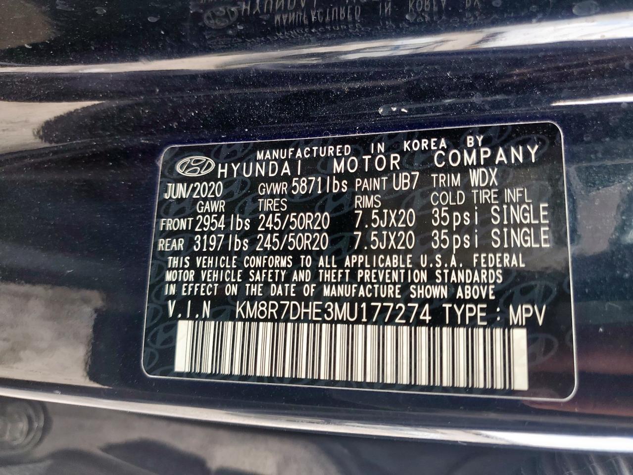 2021 Hyundai Palisade Calligraphy VIN: KM8R7DHE3MU177274 Lot: 61509005