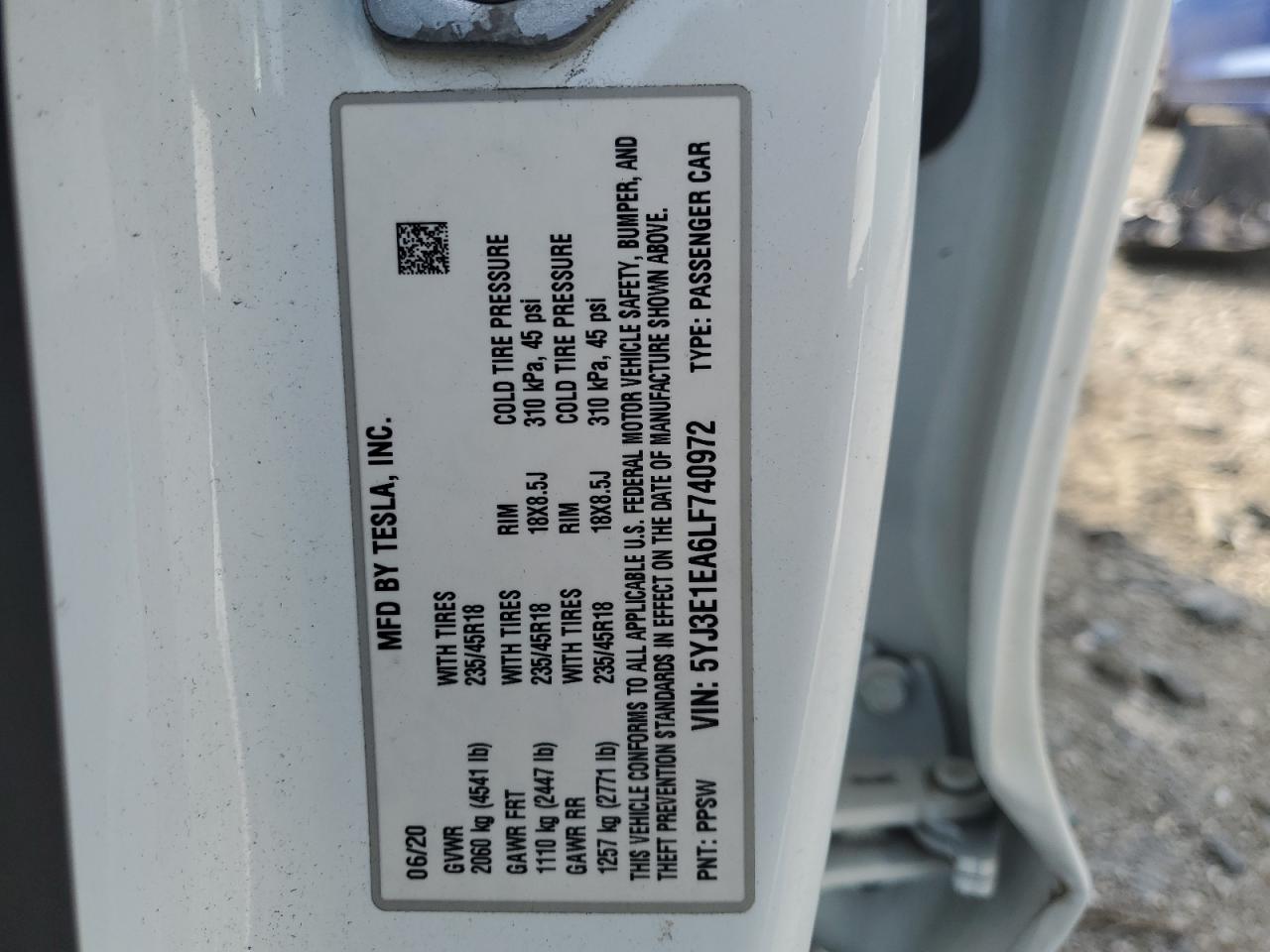 2020 Tesla Model 3 VIN: 5YJ3E1EA6LF740972 Lot: 61731345