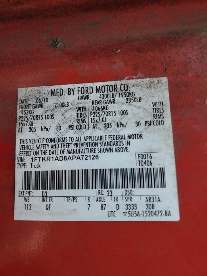 2010 Ford Ranger VIN: 1FTKR1AD8APA72126 Lot: 62086375