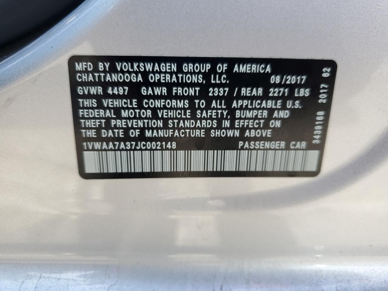 2018 Volkswagen Passat S VIN: 1VWAA7A37JC002148 Lot: 60721365