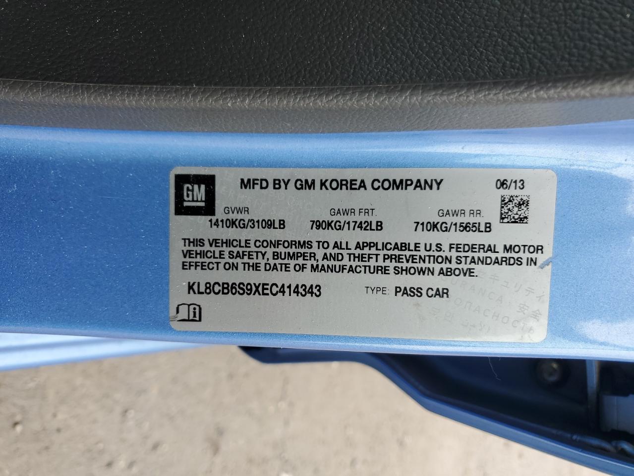 2014 Chevrolet Spark Ls VIN: KL8CB6S9XEC414343 Lot: 61280805