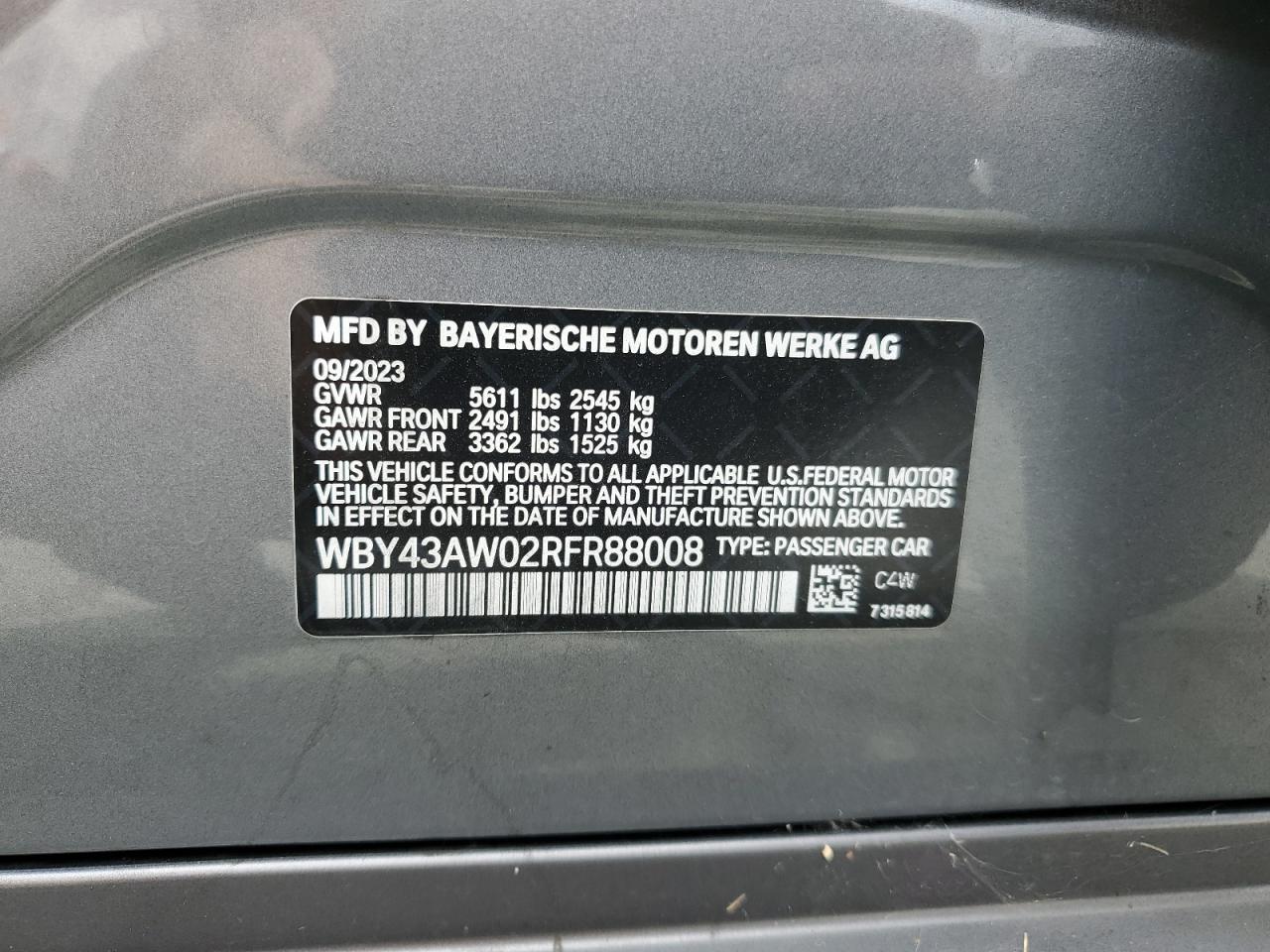 2024 BMW I4 Edrive 35 VIN: WBY43AW02RFR88008 Lot: 60378655