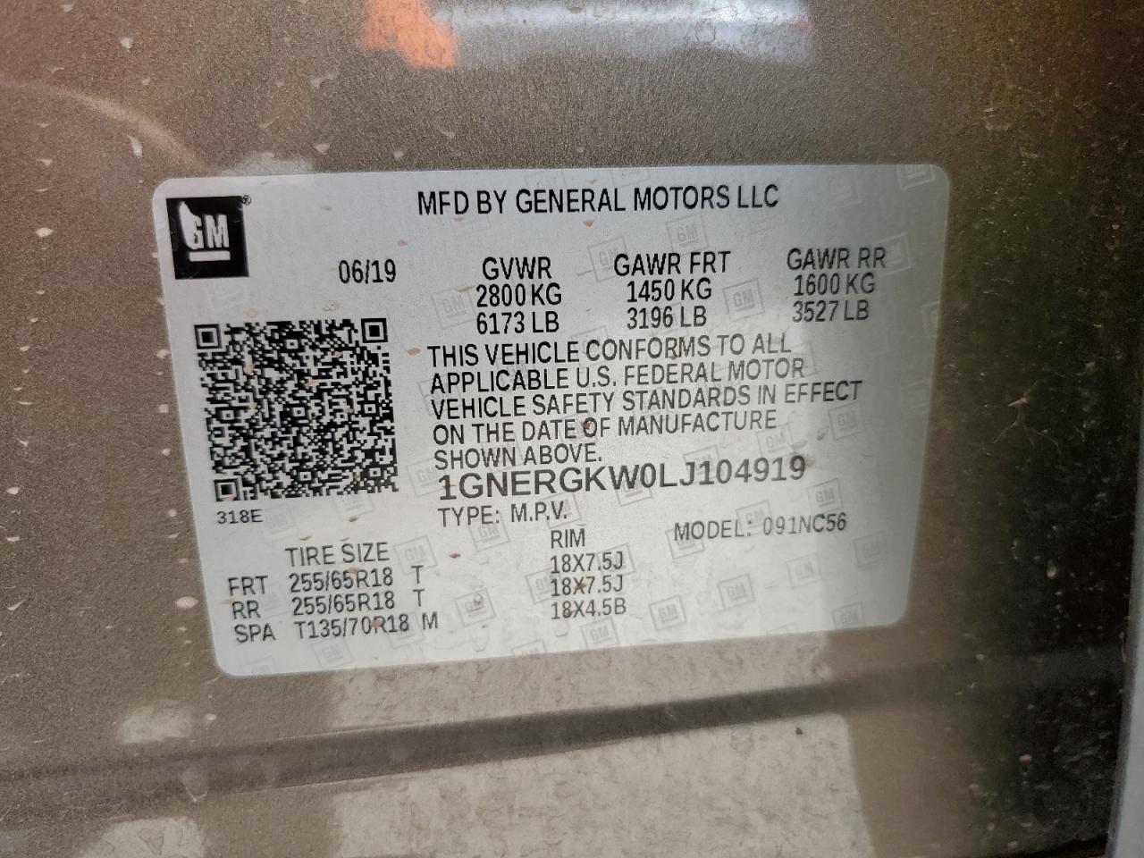2020 Chevrolet Traverse Lt VIN: 1GNERGKW0LJ104919 Lot: 61839715