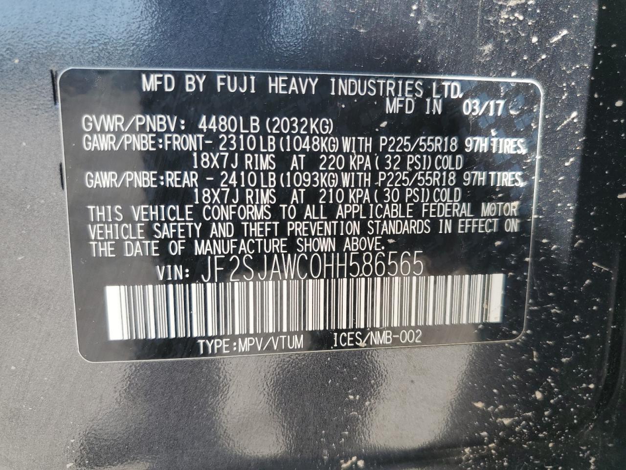 2017 Subaru Forester 2.5I Touring VIN: JF2SJAWC0HH586565 Lot: 61201915