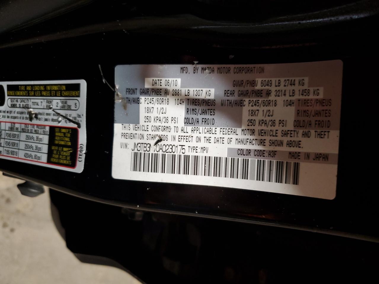2010 Mazda Cx-9 VIN: JM3TB3MV0A0230175 Lot: 62549985