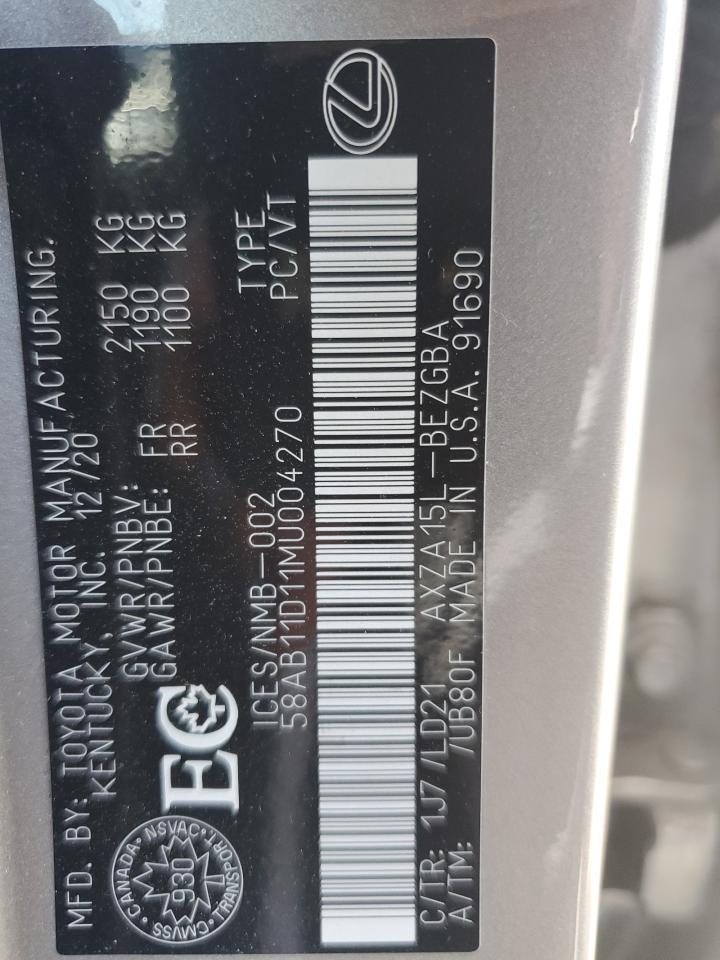 2021 Lexus Es 250 VIN: 58AB11D11MU004270 Lot: 62282495
