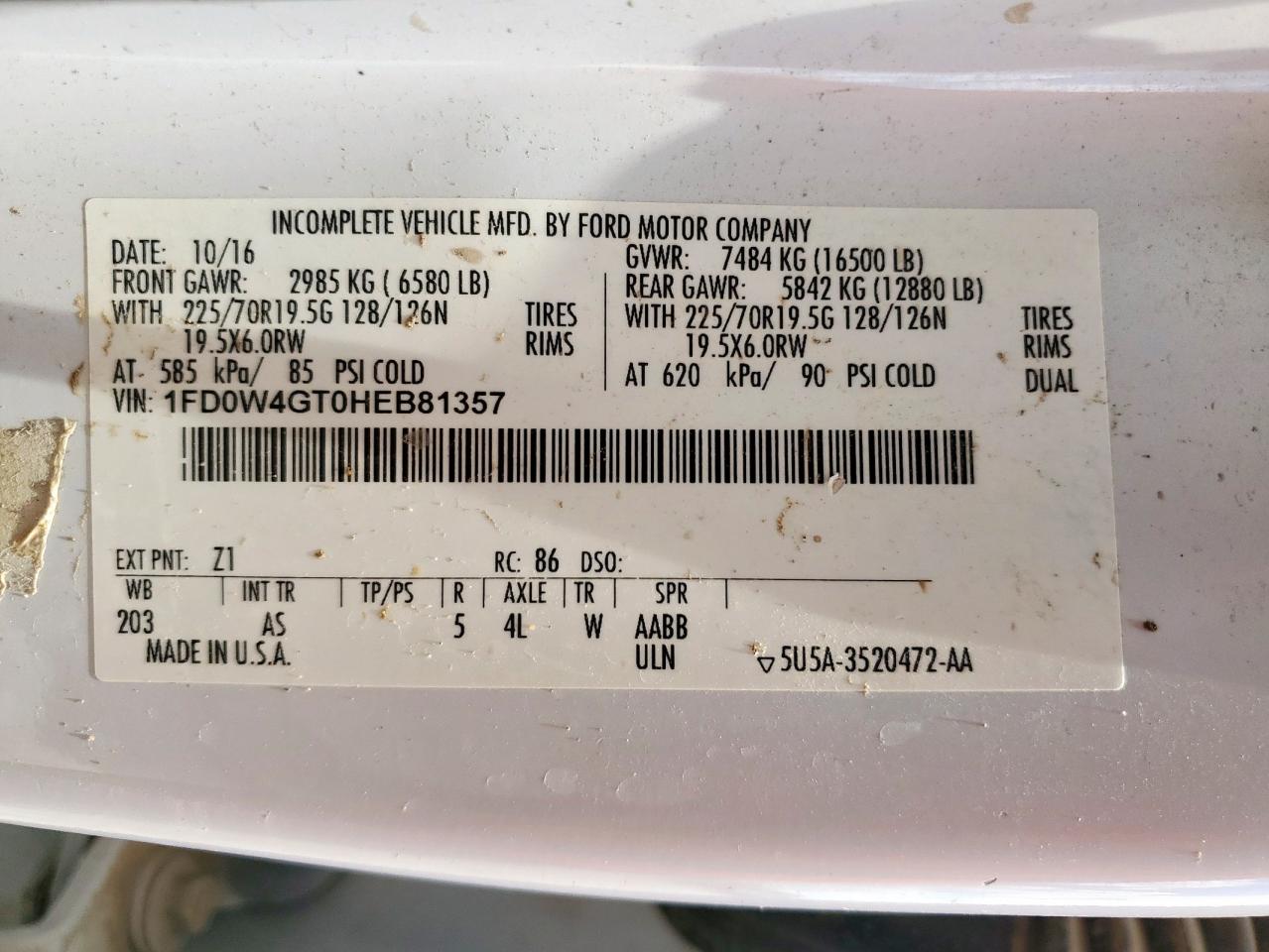 2017 Ford F450 Super Duty VIN: 1FD0W4GT0HEB81357 Lot: 62650325