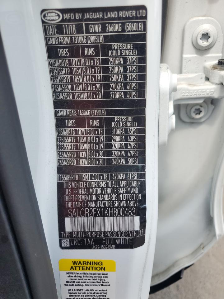 2019 Land Rover Discovery Sport Hse VIN: SALCR2FX1KH800483 Lot: 61772435