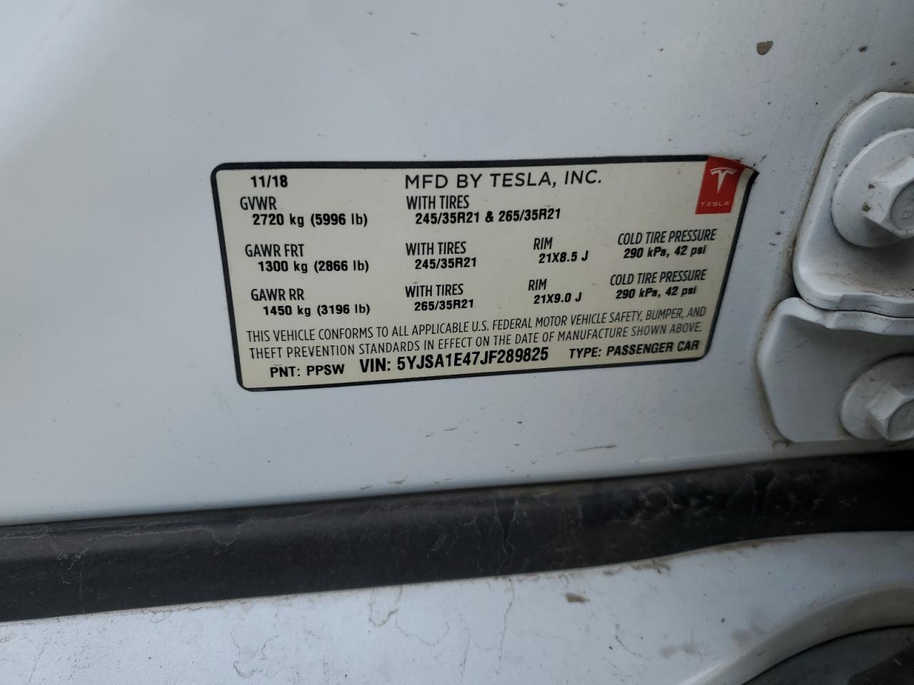 2018 Tesla Model S VIN: 5YJSA1E47JF289825 Lot: 61660705