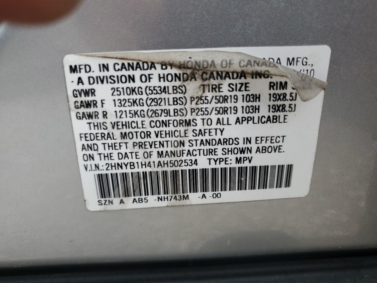 2010 Acura Zdx Technology VIN: 2HNYB1H41AH502534 Lot: 62577985