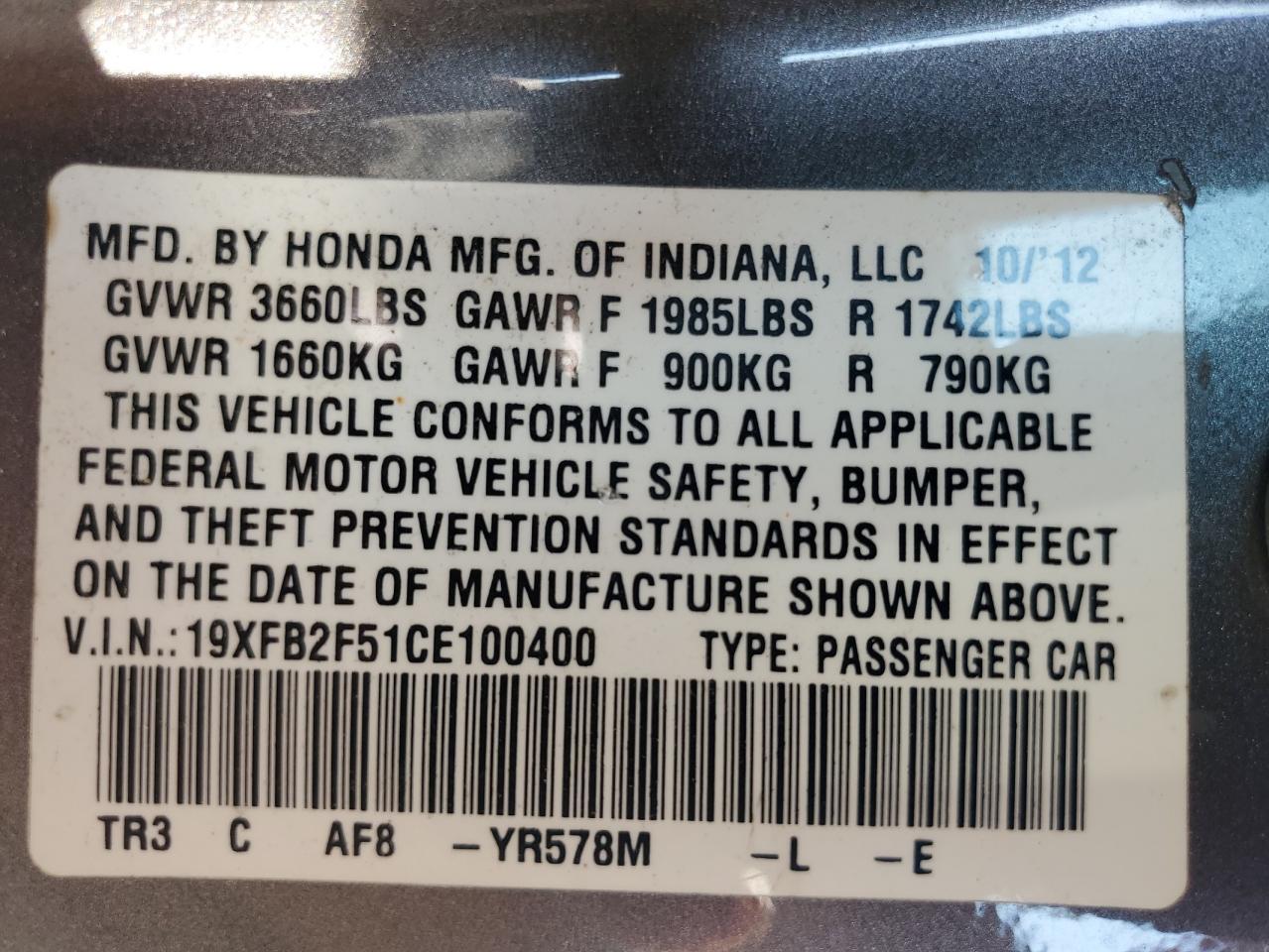 2012 Honda Civic Lx VIN: 19XFB2F51CE100400 Lot: 62527935