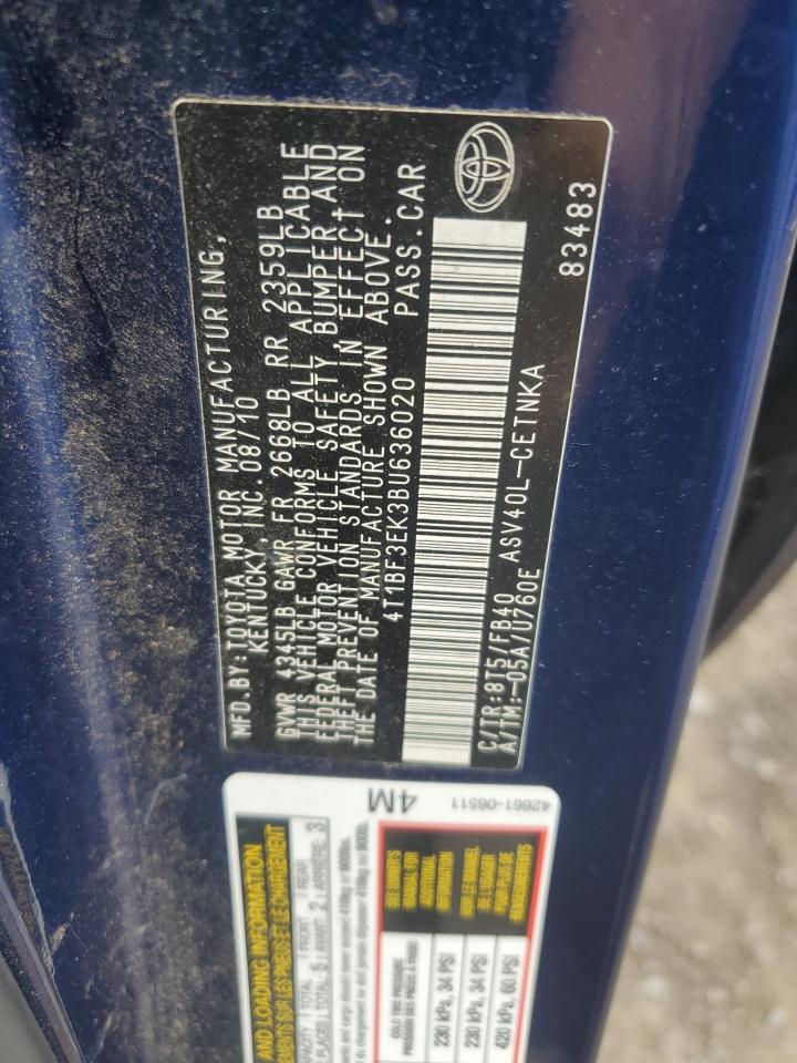 2011 Toyota Camry Base VIN: 4T1BF3EK3BU636020 Lot: 62430905
