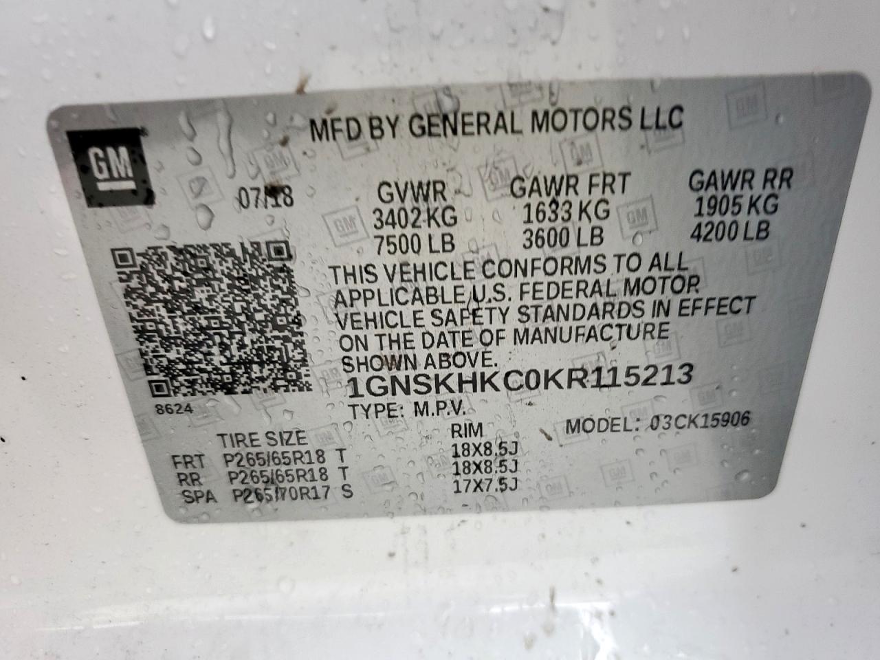 2019 Chevrolet Suburban K1500 Lt VIN: 1GNSKHKC0KR115213 Lot: 60301955