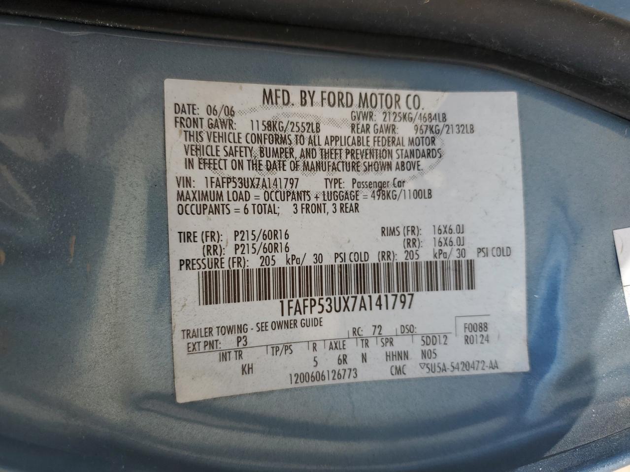 2007 Ford Taurus Se VIN: 1FAFP56UX6A238007 Lot: 60745515