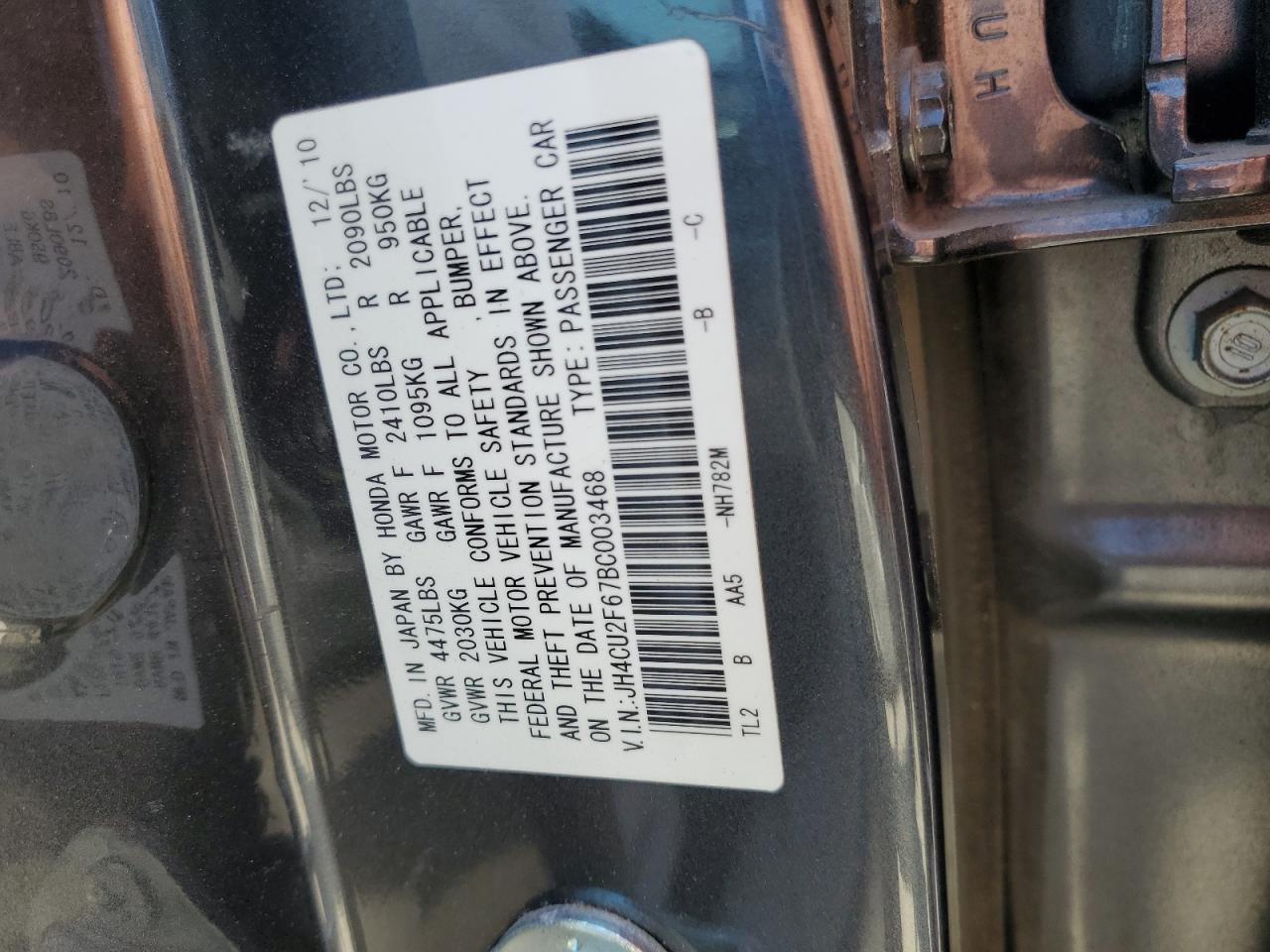 2011 Acura Tsx VIN: JH4CU2F67BC003468 Lot: 60352995