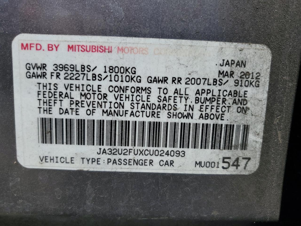 2012 Mitsubishi Lancer Es/Es Sport VIN: JA32U2FUXCU024093 Lot: 62566815
