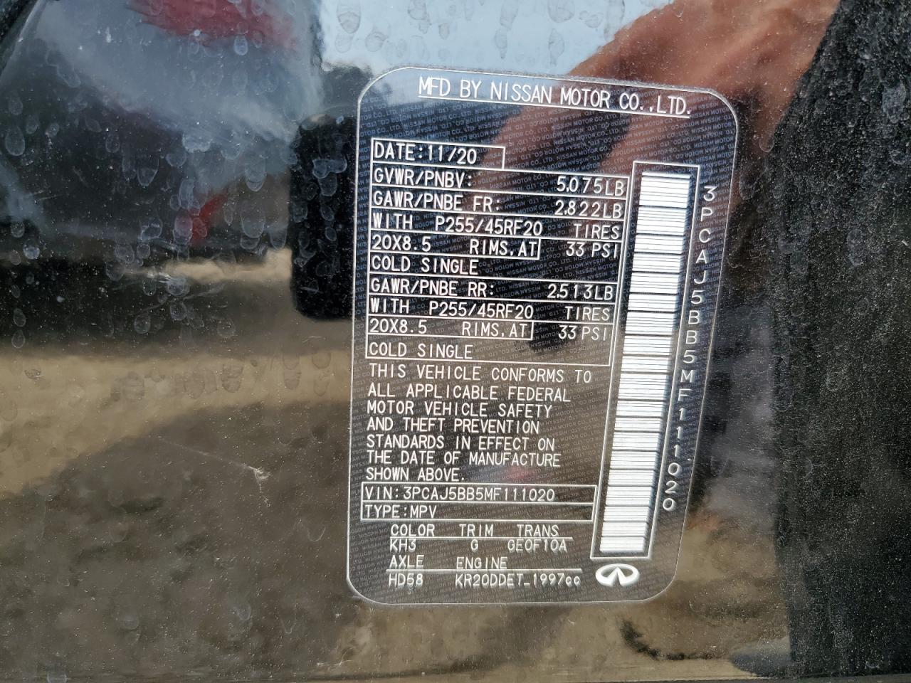 2021 Infiniti Qx50 Luxe VIN: 3PCAJ5BB5MF111020 Lot: 60216095