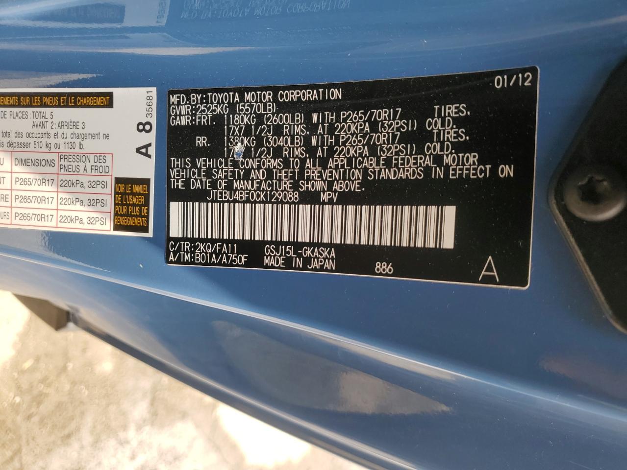 2012 Toyota Fj Cruiser VIN: JTEBU4BF0CK129088 Lot: 59879565