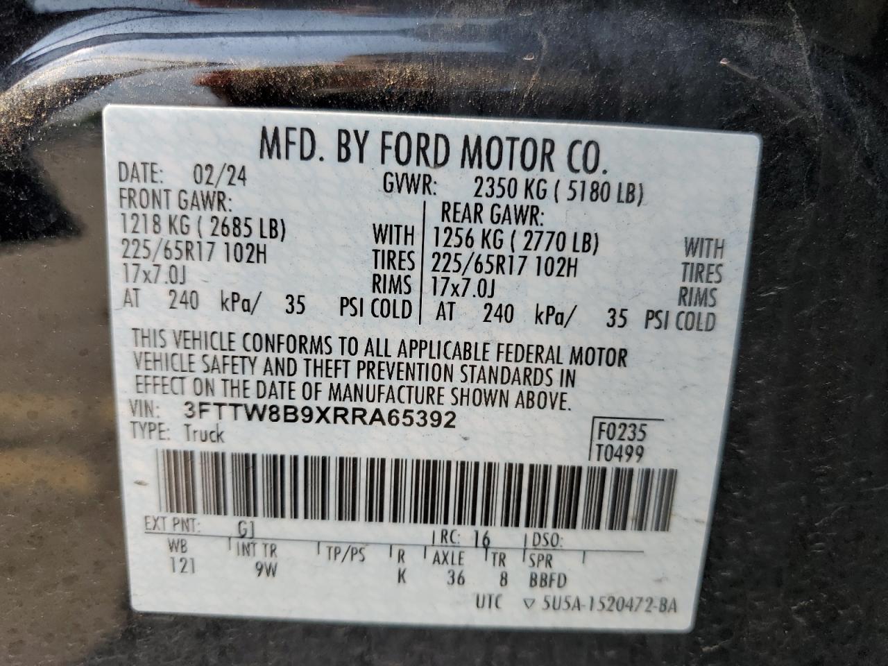 2024 Ford Maverick Xl VIN: 3FTTW8B9XRRA65392 Lot: 60988915