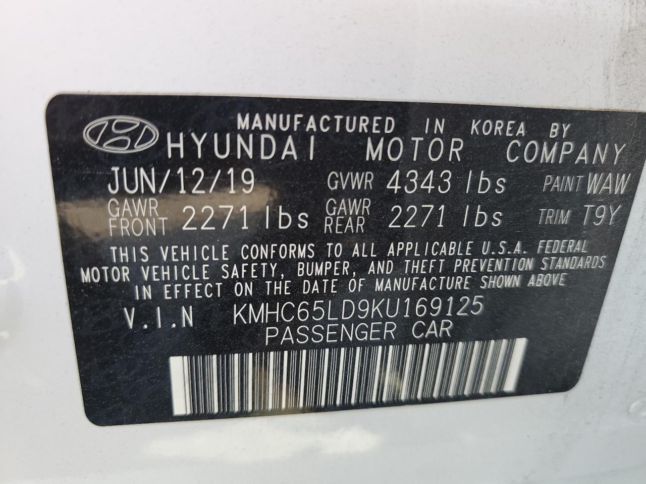2019 Hyundai Ioniq VIN: KMHC65LD9KU169125 Lot: 62194335