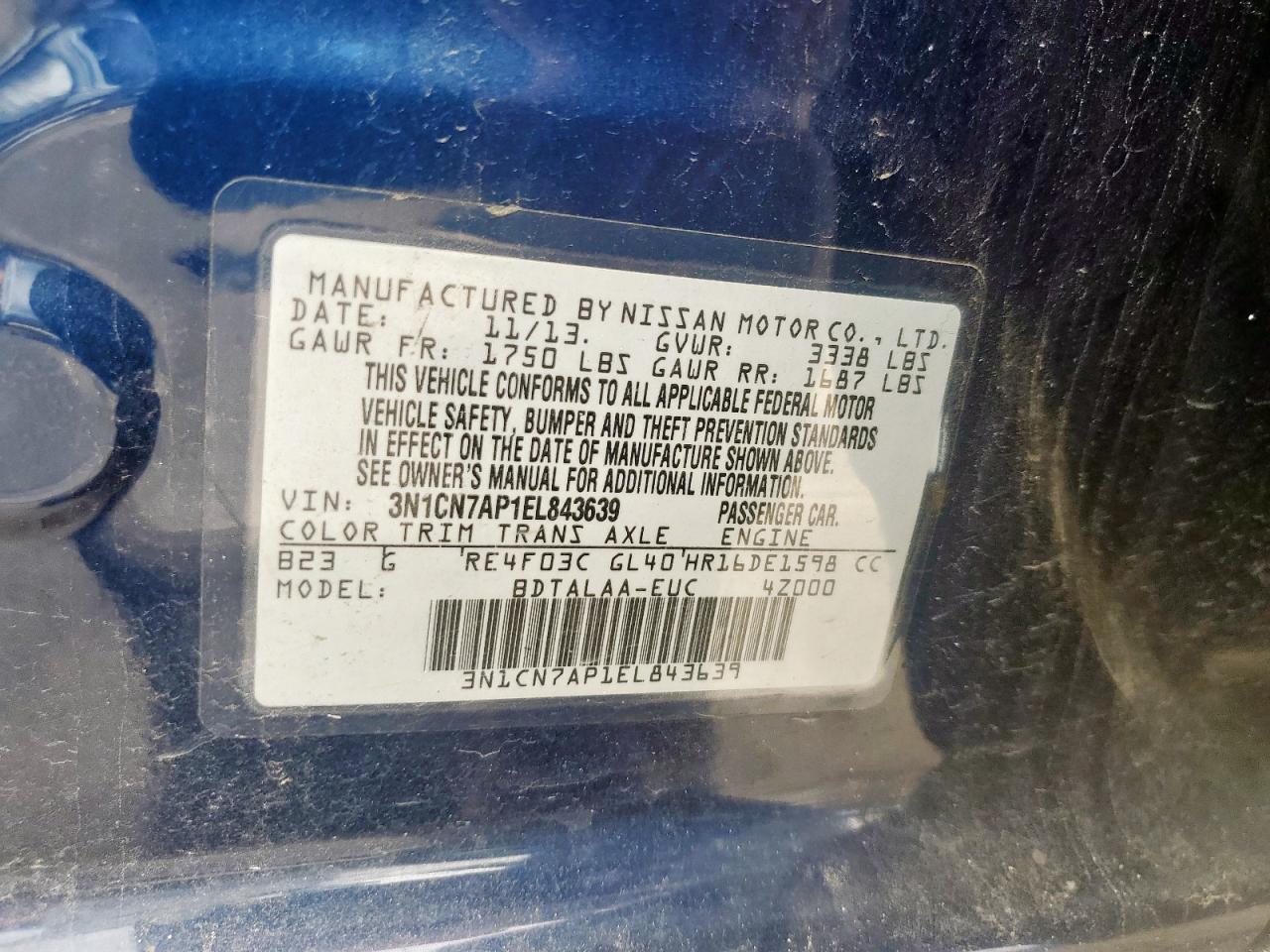 2014 Nissan Versa S VIN: 3N1CN7AP1EL843639 Lot: 60329585