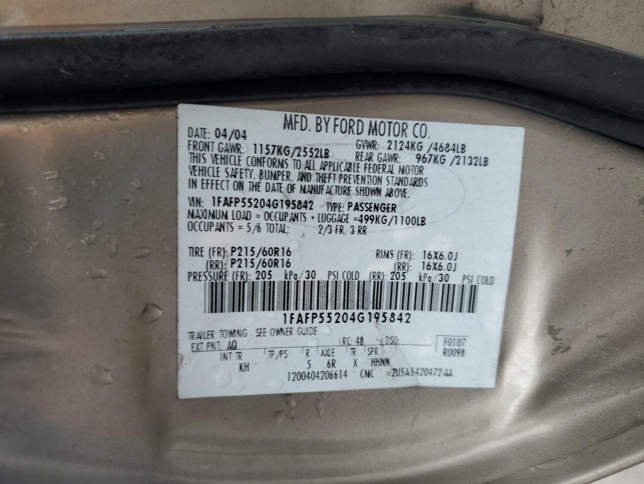 2004 Ford Taurus Ses VIN: 1FAFP55204G195842 Lot: 59527065