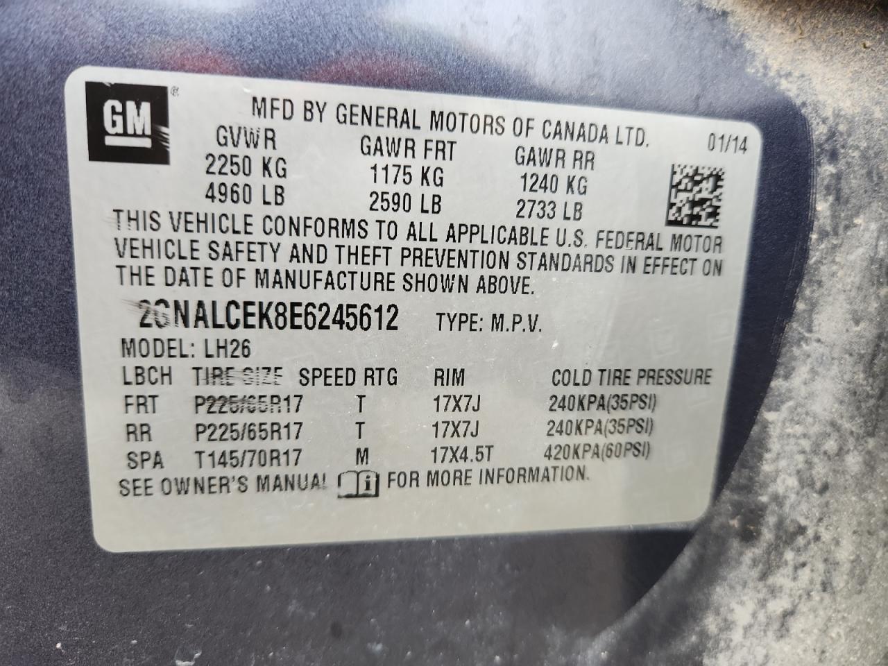 2014 Chevrolet Equinox Lt VIN: 2GNALCEK8E6245612 Lot: 62116735