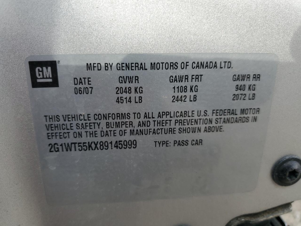 2008 Chevrolet Impala Lt VIN: 2G1WT55KX89145999 Lot: 60695285