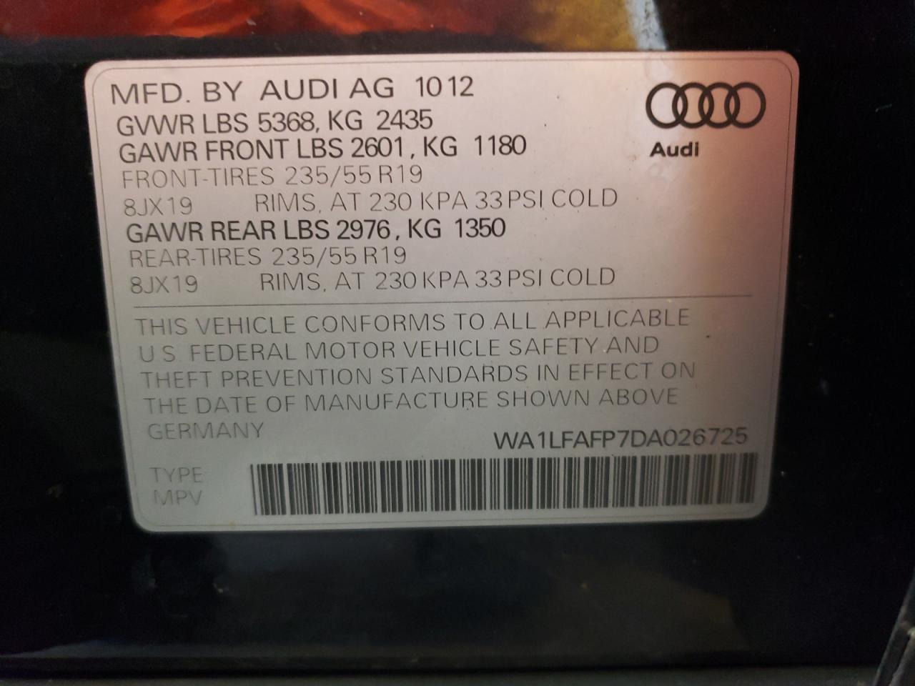 2013 Audi Q5 Premium Plus VIN: WA1LFAFP7DA026725 Lot: 62214425