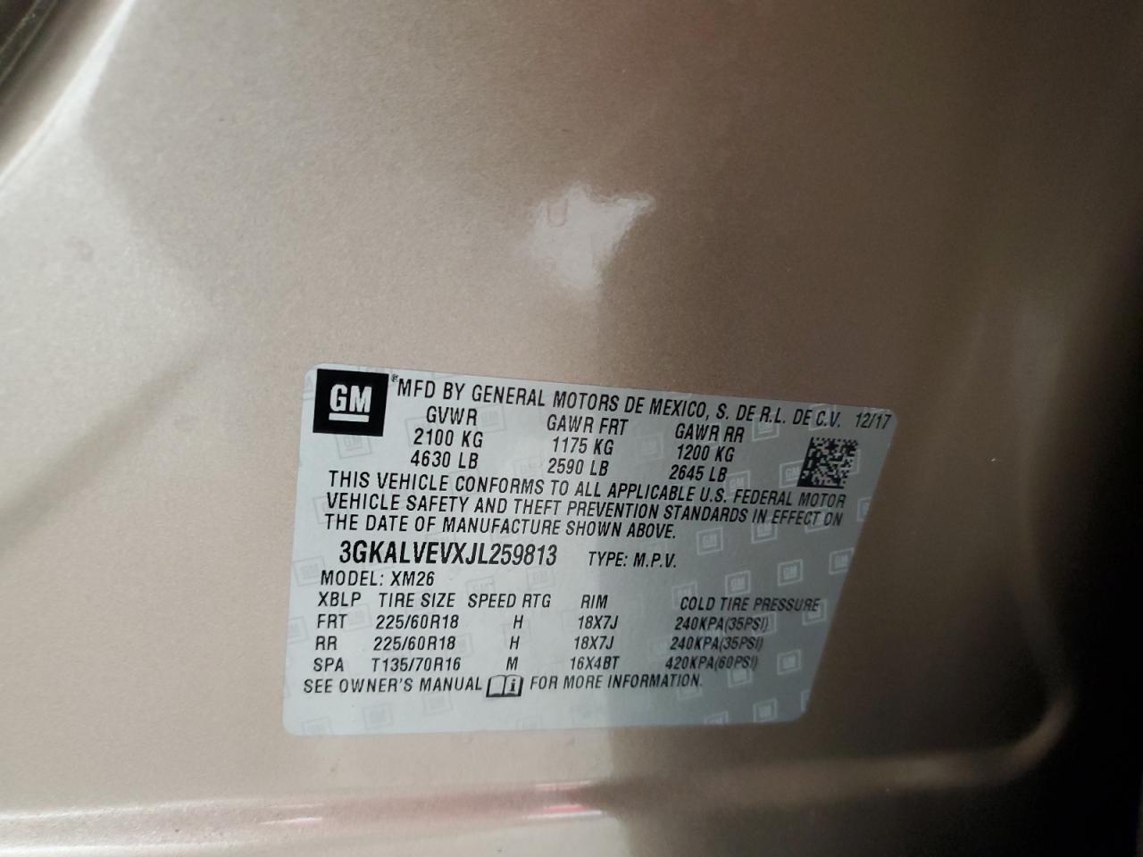 2018 GMC Terrain Slt VIN: 3GKALVEVXJL259813 Lot: 59917895