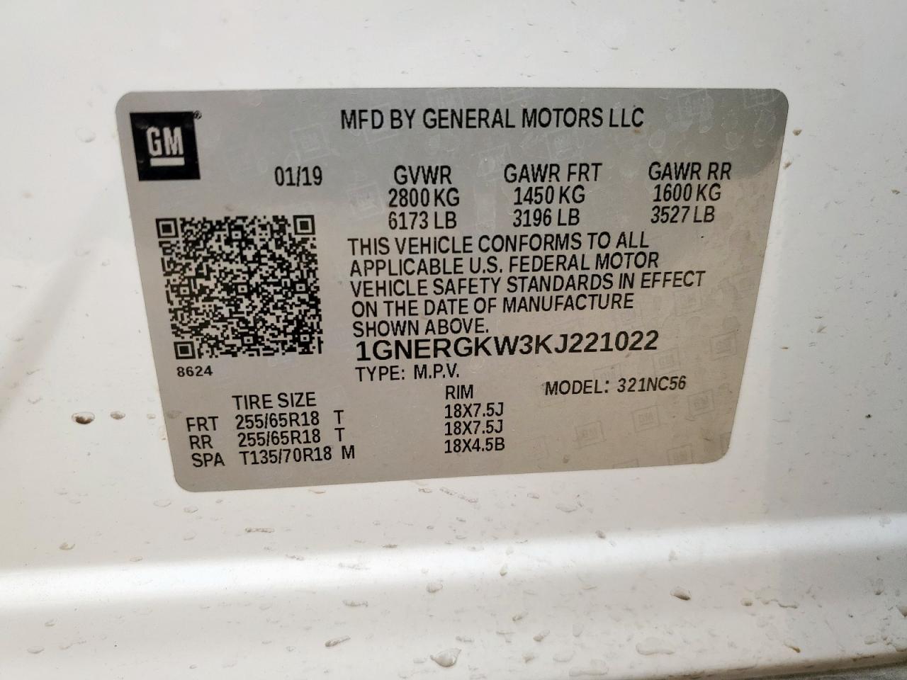 2019 Chevrolet Traverse Lt VIN: 1GNERGKW3KJ221022 Lot: 62886485