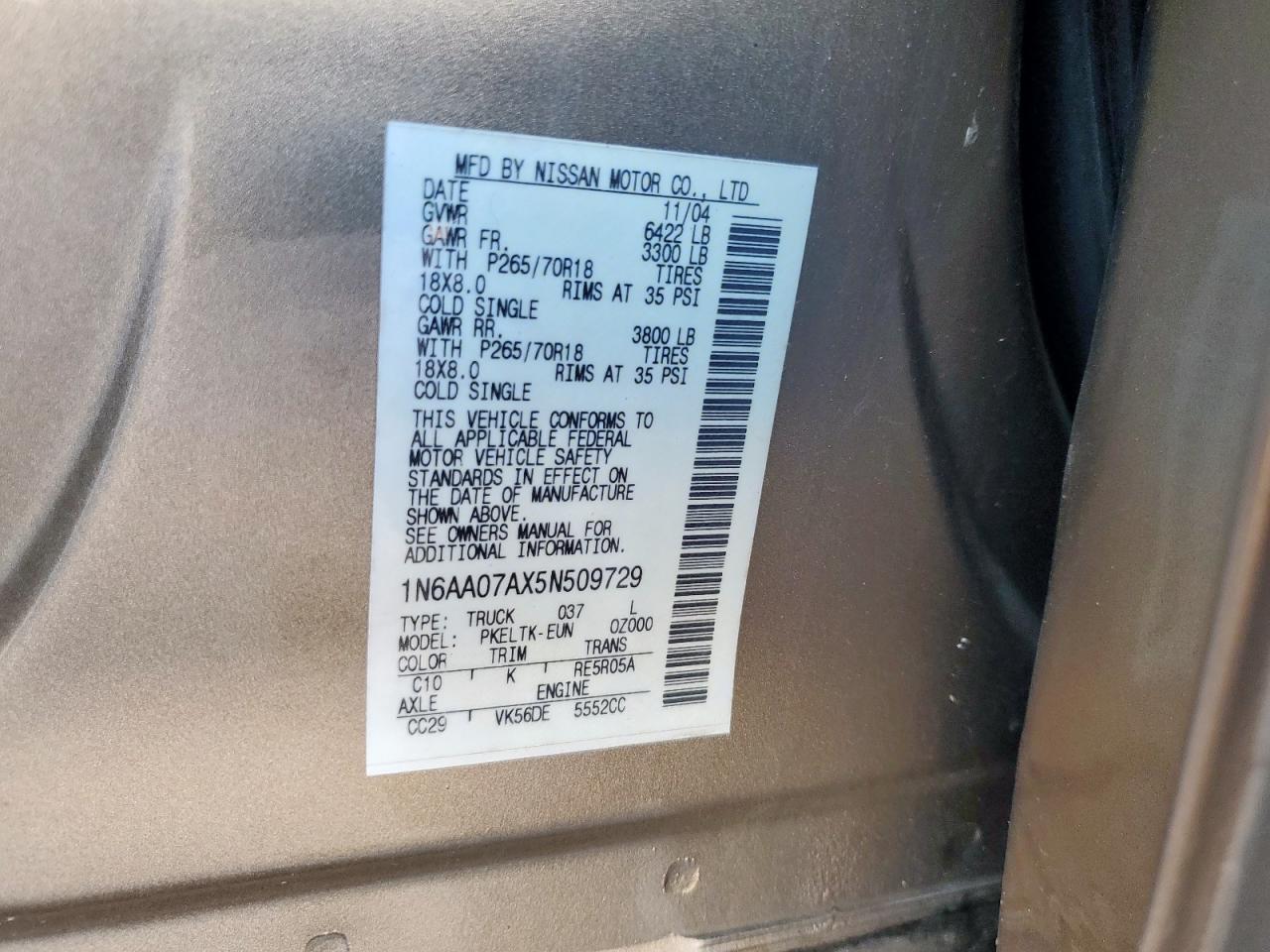 2005 Nissan Titan Xe VIN: 1N6AA07AX5N509729 Lot: 59039065