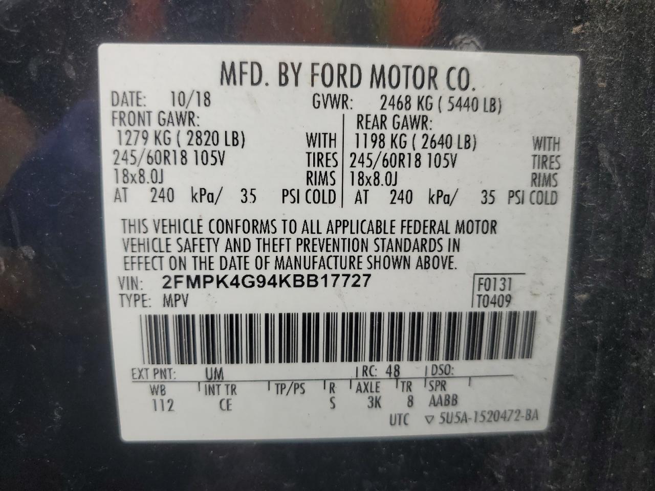 2019 Ford Edge Se VIN: 2FMPK4G94KBB17727 Lot: 61060665