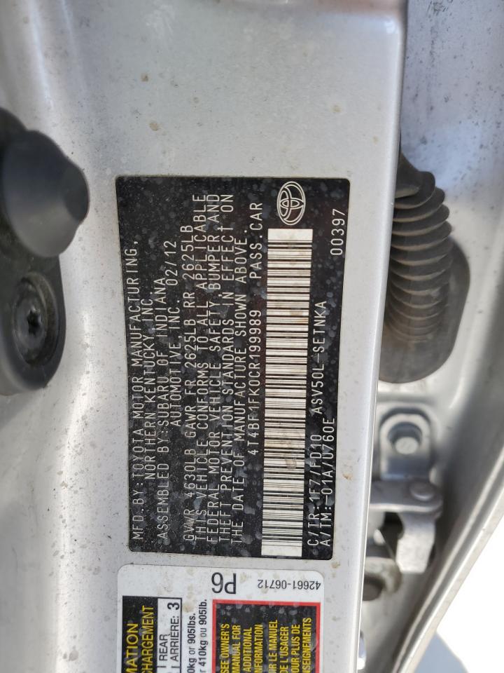 TOYOTA CAMRY 2012 VIN 4T4BF1FK0CR199989 фото 13