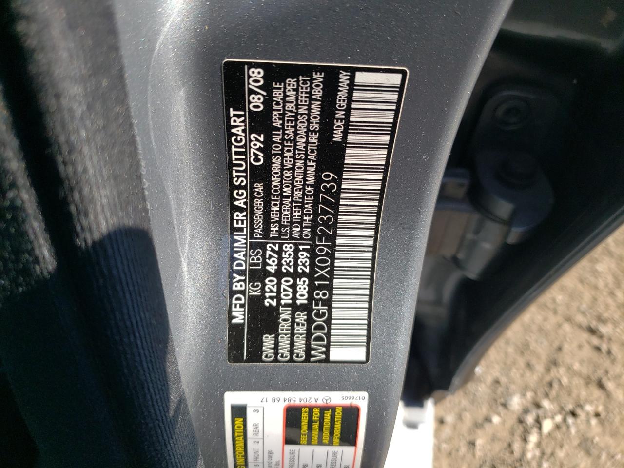 MERCEDES-BENZ C-CLASS 2009 VIN WDDGF81X09F237739 photo 12