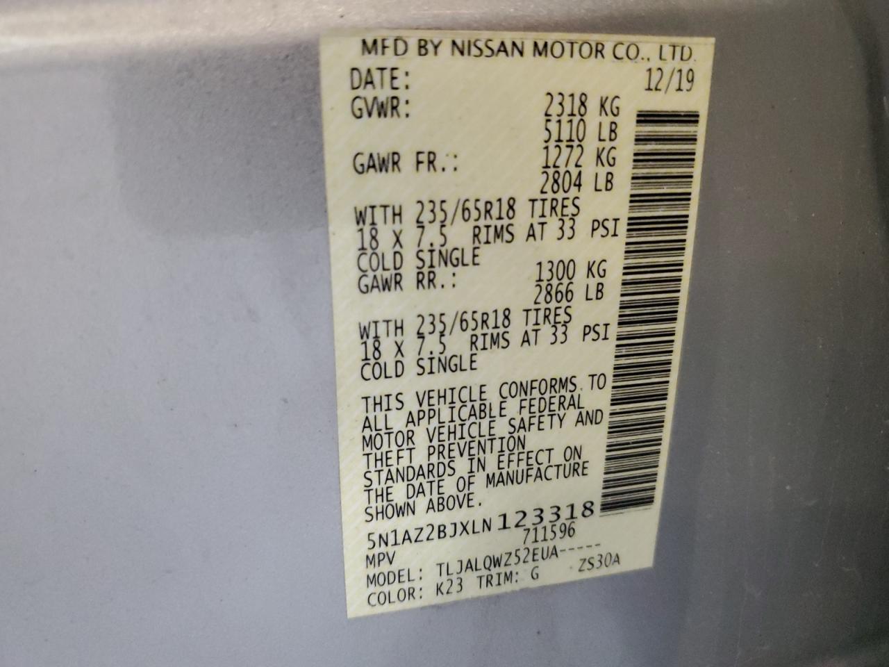 2020 Nissan Murano Sv VIN: 5N1AZ2BJXLN123318 Lot: 61756565