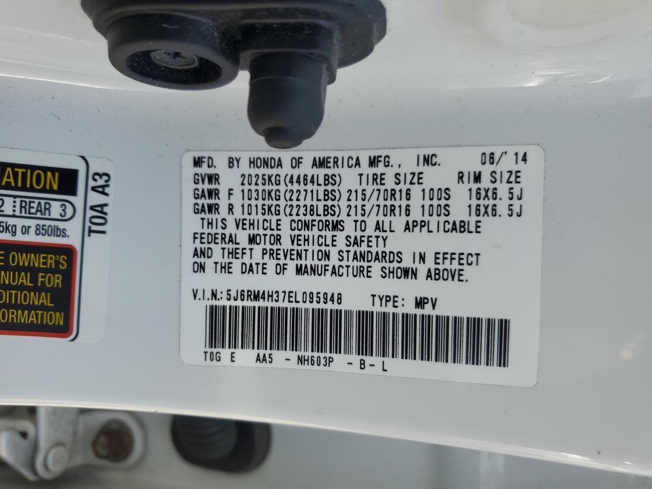 2014 Honda Cr-V Lx VIN: 5J6RM4H37EL095948 Lot: 62164065