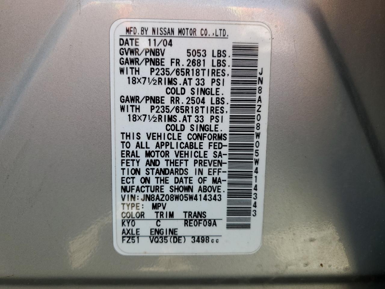 2005 Nissan Murano Sl VIN: JN8AZ08W05W414343 Lot: 62405595