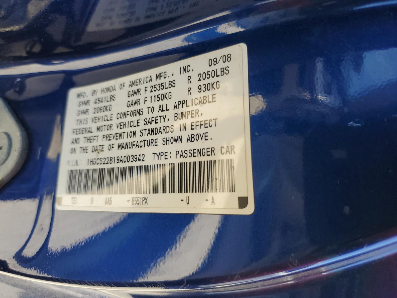 2009 Honda Accord Exl VIN: 1HGCS22819A003942 Lot: 63109055