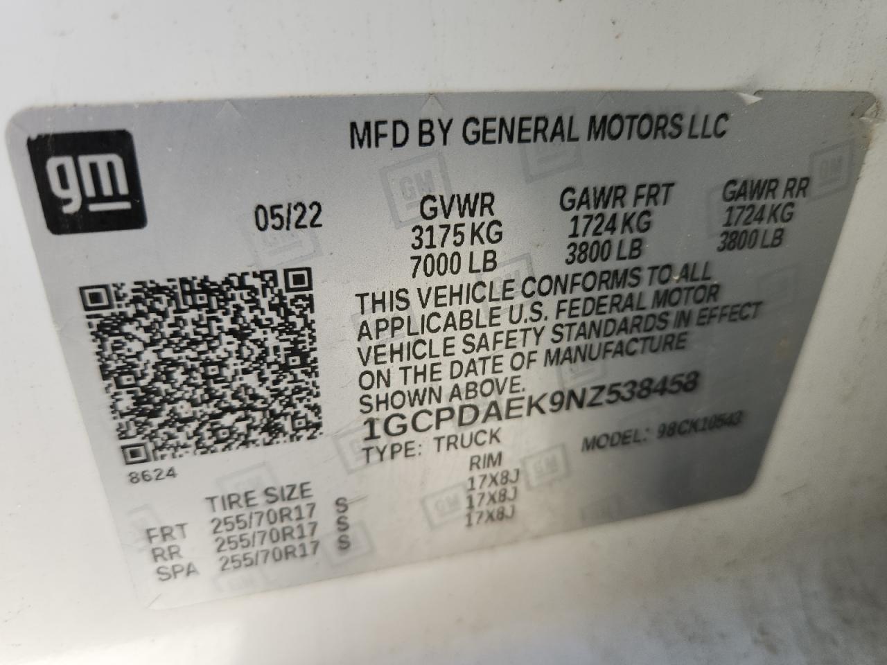 2022 Chevrolet Silverado K1500 VIN: 1GCPDAEK9NZ538458 Lot: 62331385