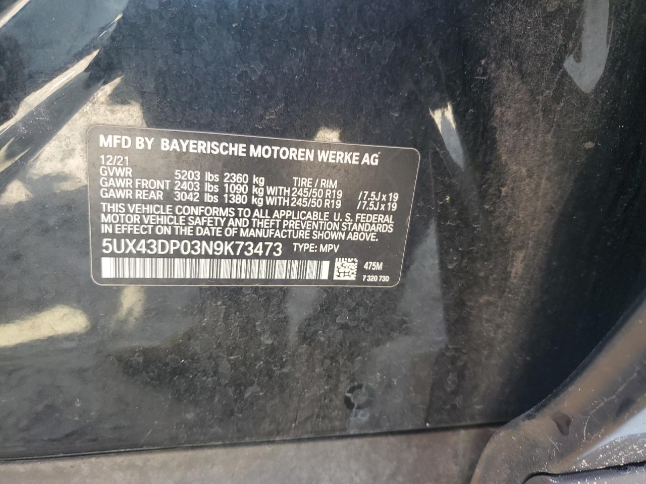 2022 BMW X3 Sdrive30I VIN: 5UX43DP03N9K73473 Lot: 61614815