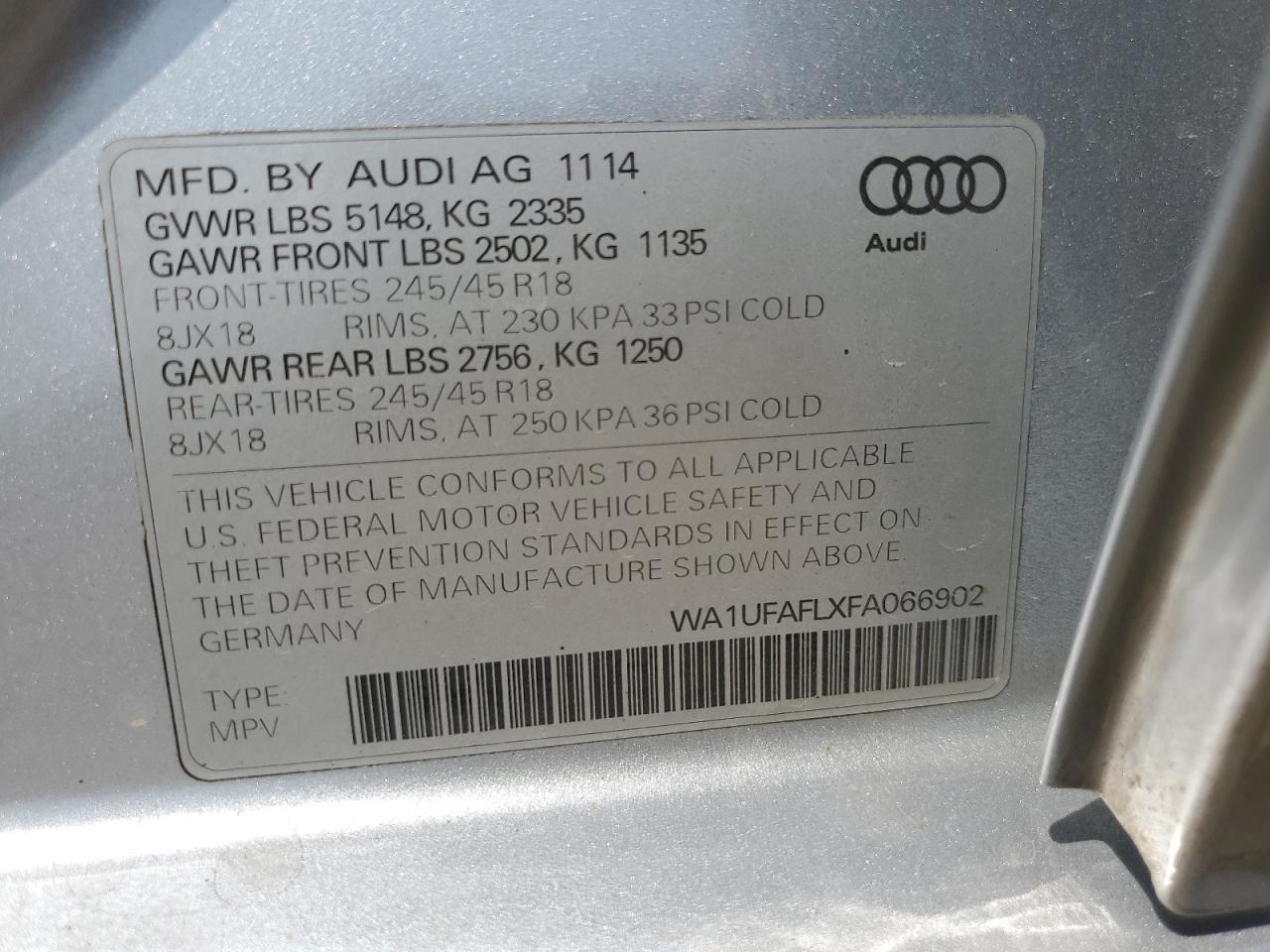 2015 Audi A4 Allroad Premium Plus VIN: WA1UFAFLXFA066902 Lot: 60924665